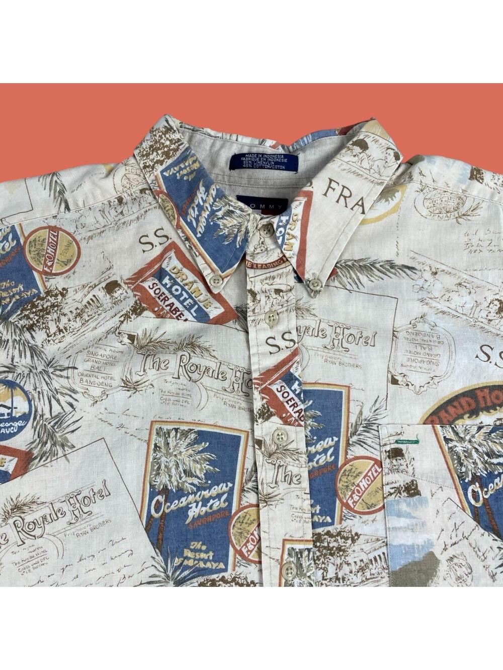 VTG. Tommy Hilfiger Linen Blend AOP Button Up Shirt Men's XL Summer Cruise Wear - Picture 1 of 9
